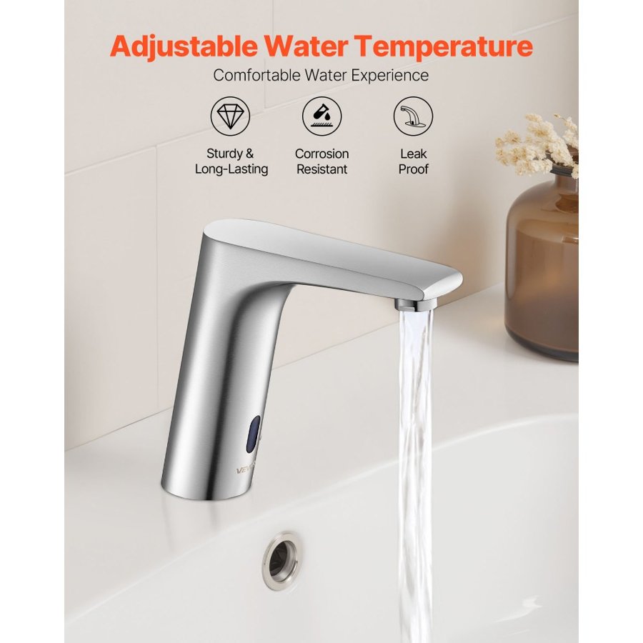 VEVOR Touchless Bathroom Sink Faucet, Automatic Motion Sensor Restroom Toilet Faucet, HandsFree Adjustable Cold Hot Single Handle Water Mixer Battery Operated for 9.5 mm Pipe,Brushed Nickel Silver