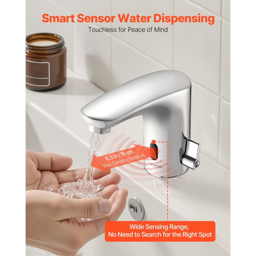 VEVOR Touchless Bathroom Sink Faucet, Automatic Motion Sensor Restroom Toilet Faucet, Hands-Free Adjustable Cold Hot Single Handle Water Mixer Battery Operated for 9.5 mm Pipe,Chrome Plated Silver