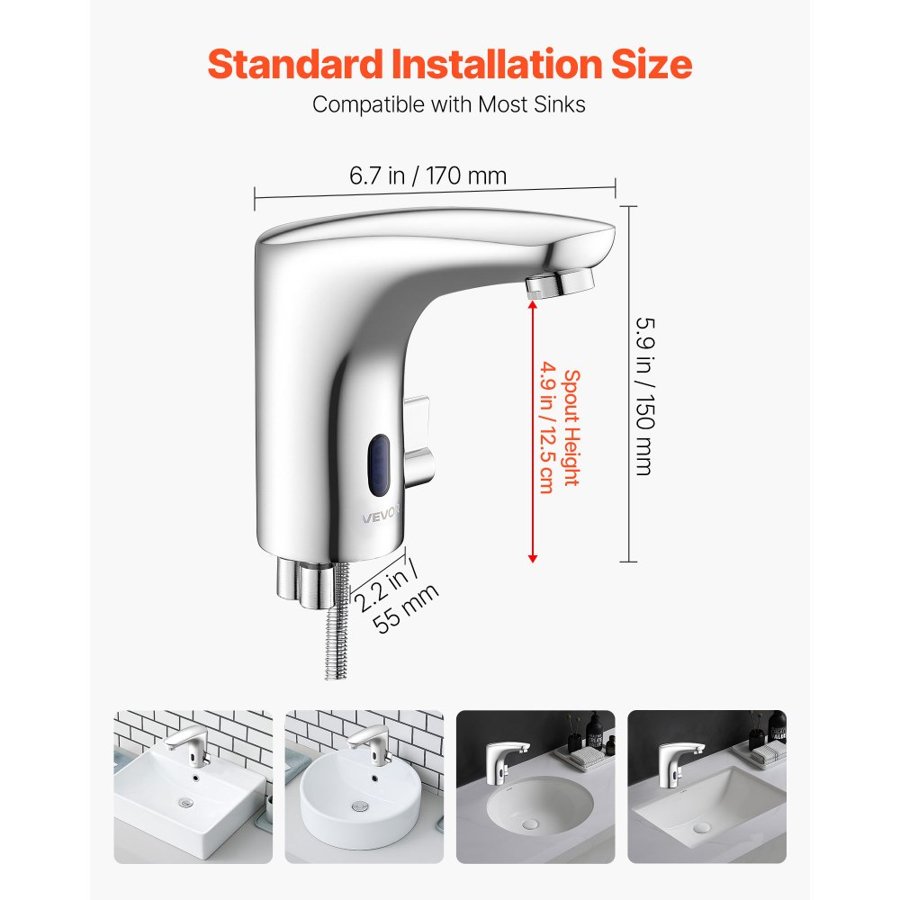 VEVOR Touchless Bathroom Sink Faucet, Automatic Motion Sensor Restroom Toilet Faucet, Hands-Free Adjustable Cold Hot Single Handle Water Mixer Battery Operated for 9.5 mm Pipe,Chrome Plated Silver