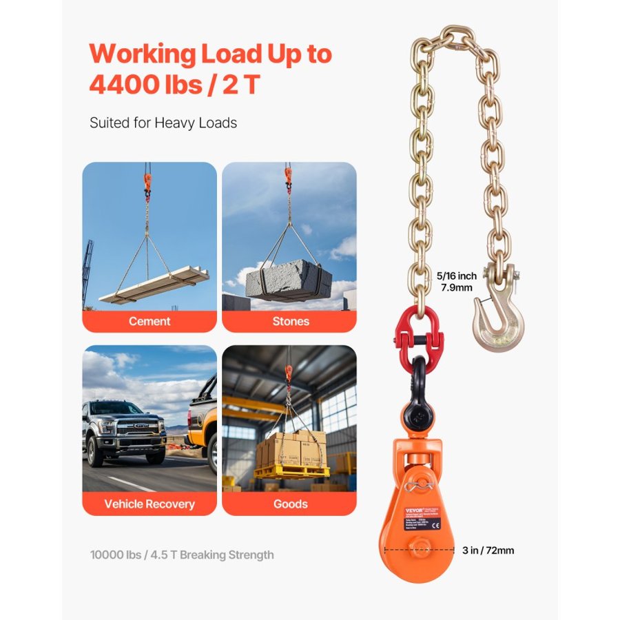 VEVOR 2 Ton Snatch Block with G80 Chain, Swivel Shackle, 3" Sheave for 3/8" Wire Rope, Snatch Block Pulley for Towing and Recovery Applications on Flatbed Tow Truck Rollback Wrecker Car Carrier Cable