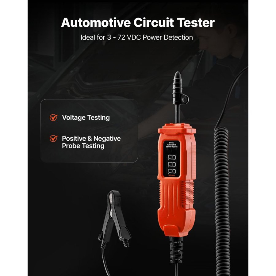 VEVOR Automotive Circuit Tester, 3 - 72 DCV Power Circuit Probe Tester with LED Screen and Lighting, Automotive Power Tester Probe with 11.5 ft / 3.5 m Cable, ABS Shell Electrical Detector Finder