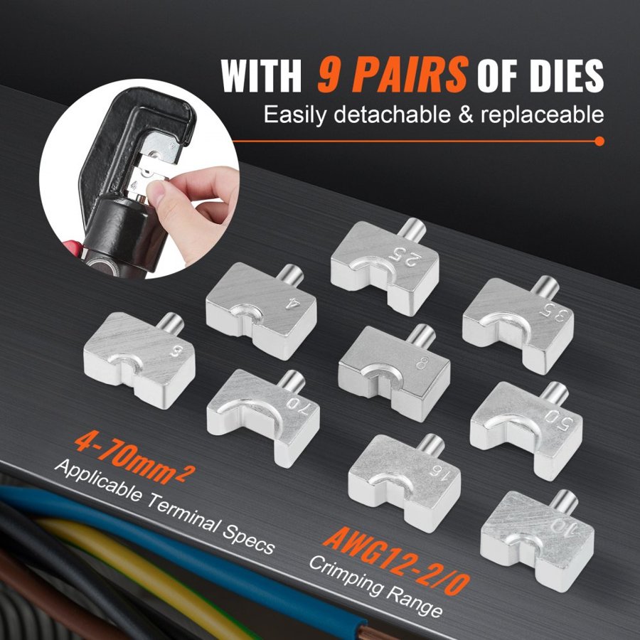 VEVOR Hydraulic Crimping Tool with 9 Sets of  Dies AWG12-2/0 Copper And Aluminum Terminal Battery Lug Crimper, with a Cutting Pliers, Gloves, 5pcs Copper Ring Connectors, 8pcs Heat Shrink Sleeves