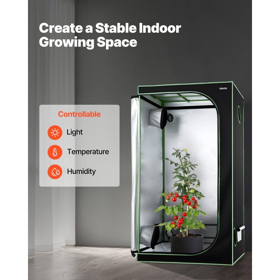 VEVOR Indoor Grow Tent, 100 x 100 x 200 cm, 600D High Reflective Mylar, Indoor Plant Tent with Observation Window, Floor Tray & Zipper, Heavy Duty Growing Tents for Fruit Flower Veggie