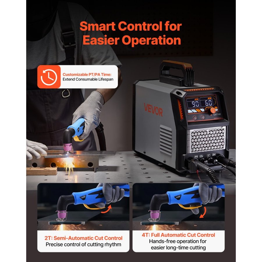 VEVOR Plasma Cutter, 60A Non-Touch Pilot Arc Plasma Cutting Machine, Digital Display IGBT Inverter - with 2T/4T Function & Adjustable PA/PT Time for Industrial Use (400V 3-Phase Power Supply)