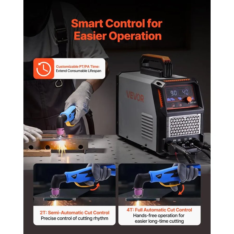VEVOR Plasma Cutter, 65A Non-Touch Pilot Arc Plasma Cutting Machine, 220V Digital Display IGBT Inverter with 2T/4T Function & Adjustable PA/PT Time for Home Repairs, Workshops