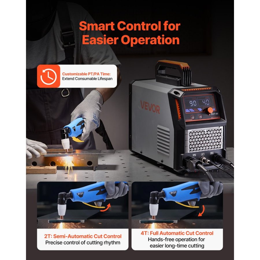 VEVOR Plasma Cutter, 50A Plasma Cutting Machine, 220V Digital Display IGBT Inverter Cutter Machine with 2T/4T Function & Adjustable PA/PT Time for Home Repairs, Workshops