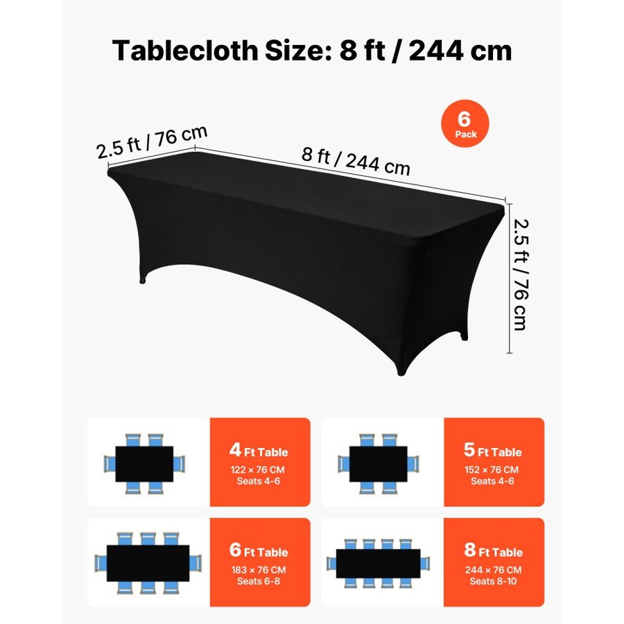 VEVOR Black Table Cover Cloth – 6 Pack, 8FT, 95% Polyester