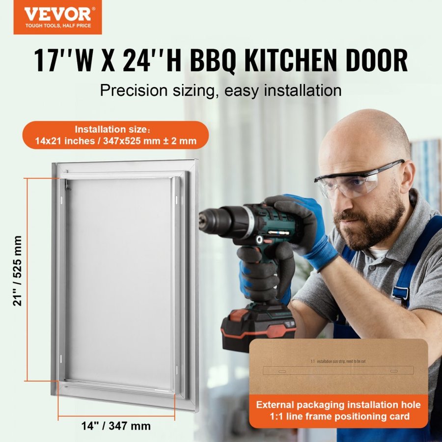 VEVOR BBQ Access Door, 432x610 mm Single Outdoor Kitchen Door, Stainless Steel Flush Mount Door, Wall Vertical Door with Recessed Handle, for BBQ Island, Grilling Station, Outside Cabinet
