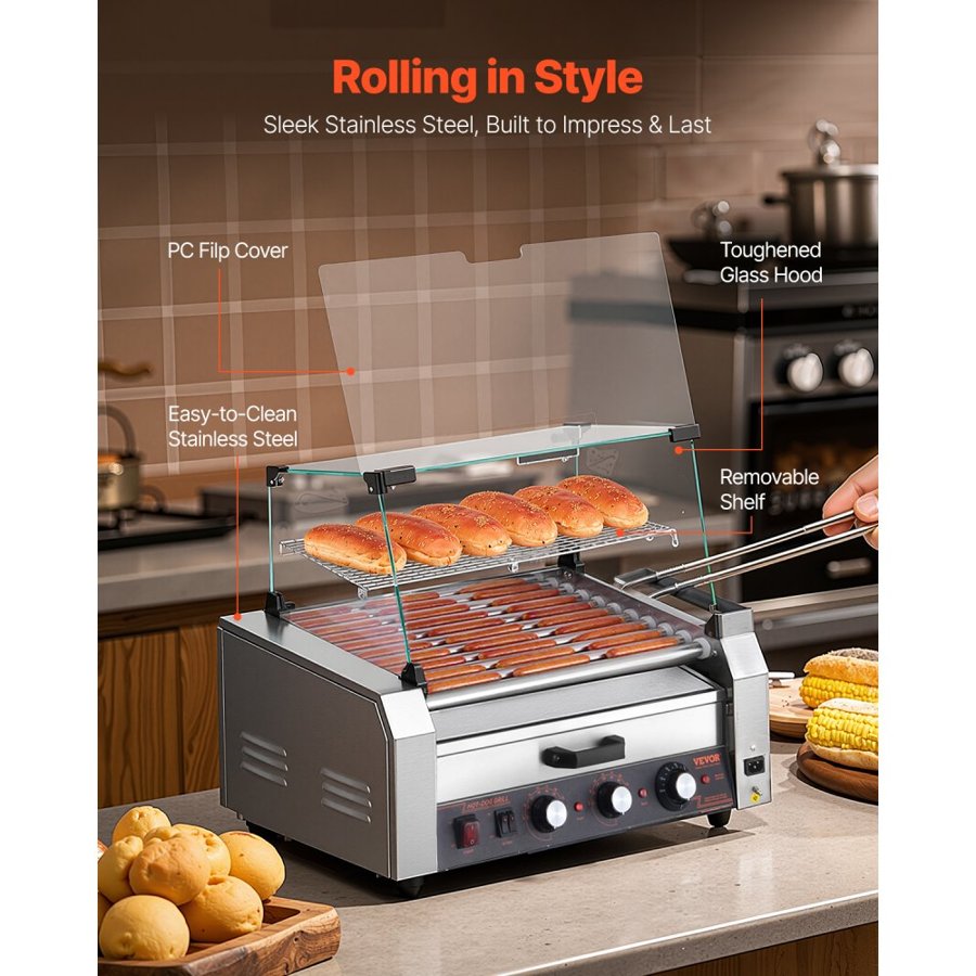 VEVOR Hot Dog Roller, 30 Hot Dog 11 Rollers, Stainless Steel Sausage Grill Cooker, 2400W Hot Dog Machine with Bun Warmer, Cover, 3 Temp Control, Side Storage Box, Oil Drip Tray, for Home & Commercial