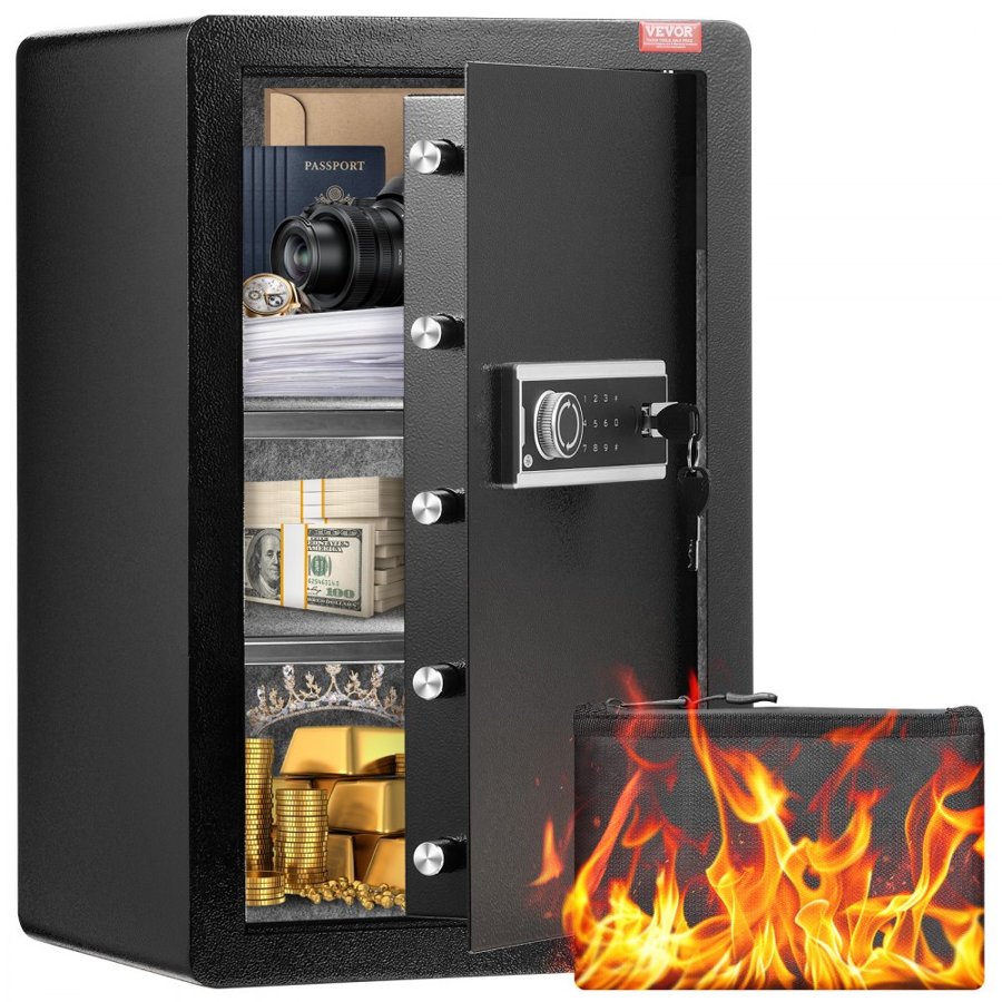 VEVOR Single Door 3.5 cu.ft Safe Box with Key Lock & Password, Safe Lock Box with Fireproof Bag, Key Rack, LED Light, and 2 Shelves for Money, Documents, Jewelry, and Valuables, Black
