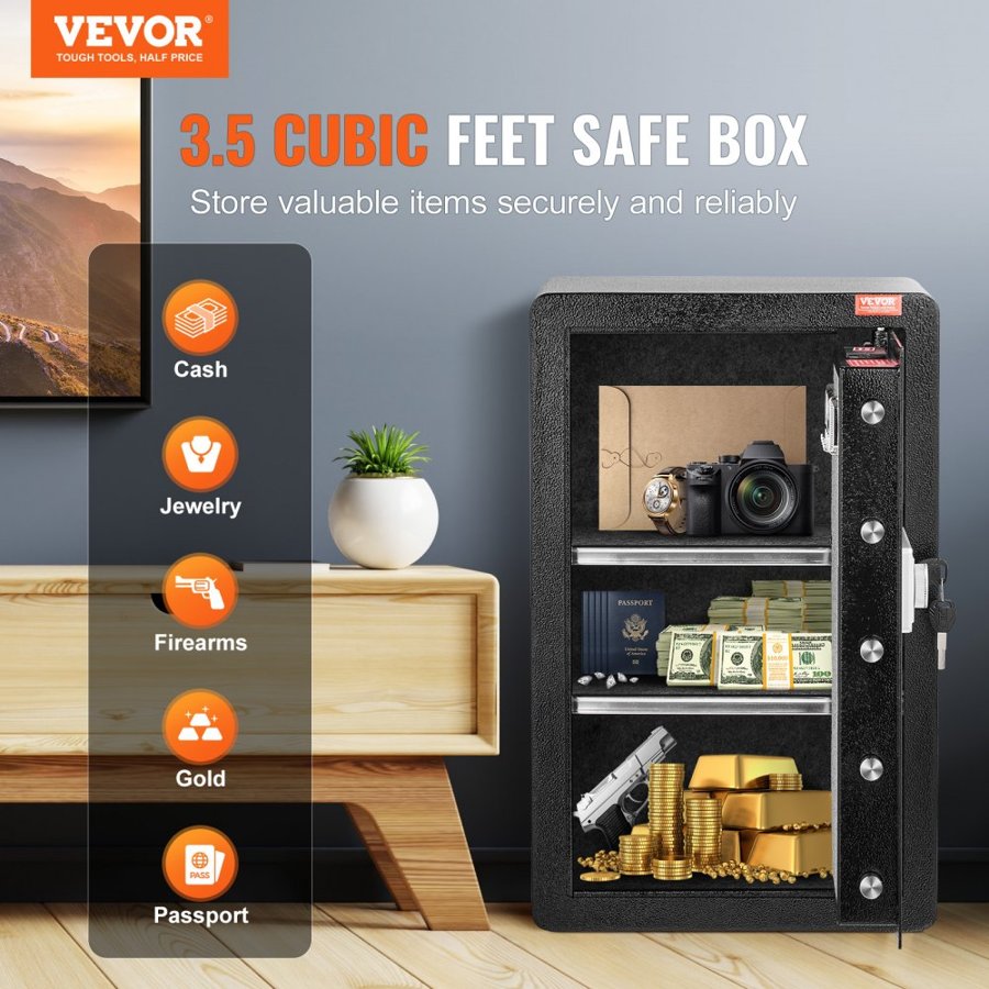 VEVOR Single Door 3.5 cu.ft Safe Box with Key Lock & Password, Safe Lock Box with Fireproof Bag, Key Rack, LED Light, and 2 Shelves for Money, Documents, Jewelry, and Valuables, Black