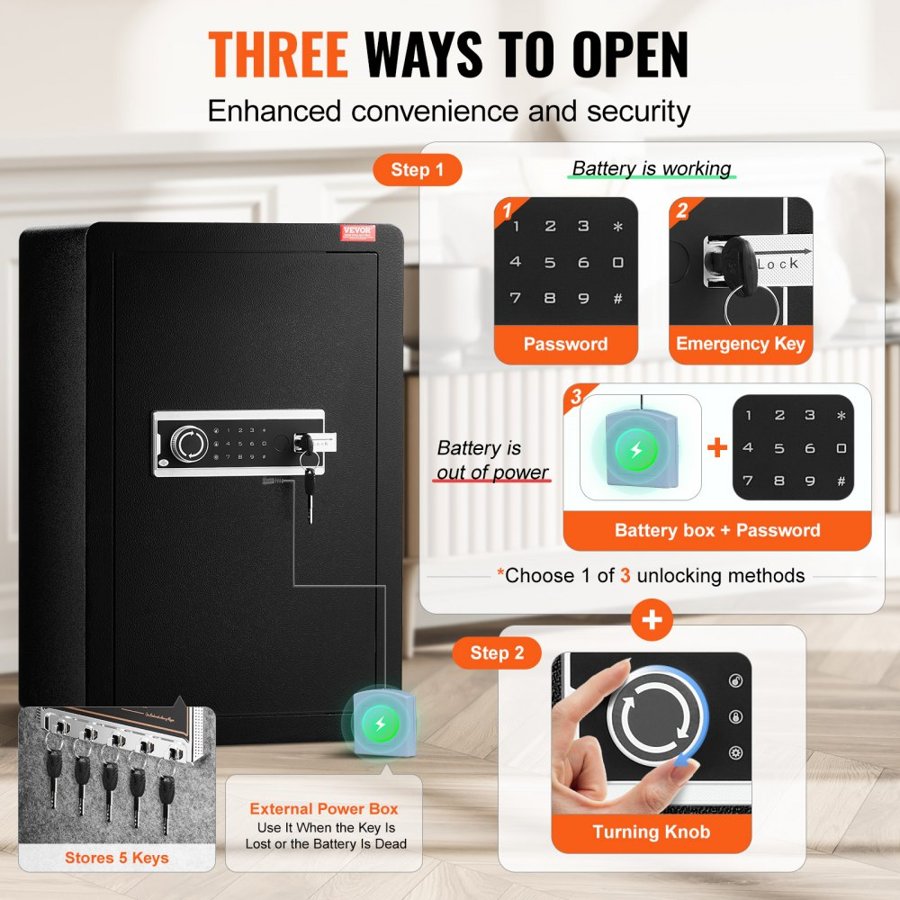 VEVOR Single Door 3.5 cu.ft Safe Box with Key Lock & Password, Safe Lock Box with Fireproof Bag, Key Rack, LED Light, and 2 Shelves for Money, Documents, Jewelry, and Valuables, Black