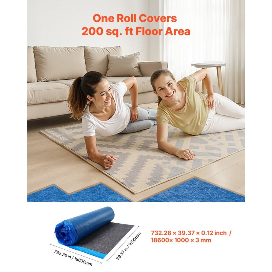 VEVOR Floor Underlayment 18.6 m²/Roll, 3 mm Thick Laminate Flooring Padding with Attached Vapor Barrier, Heavy Duty Fiber + PE Film, Soundproofing & Noise Reduction, Ideal for Laminate Wood Flooring