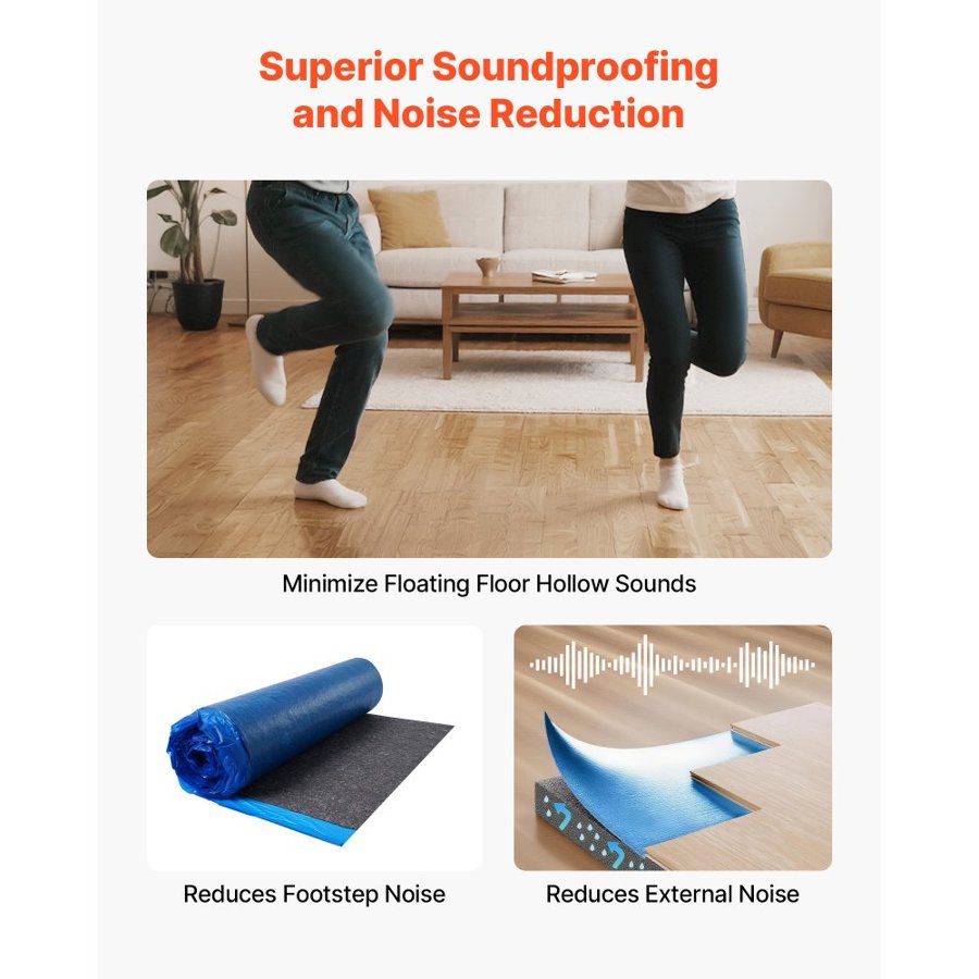 VEVOR Floor Underlayment 18.6 m²/Roll, 3 mm Thick Laminate Flooring Padding with Attached Vapor Barrier, Heavy Duty Fiber + PE Film, Soundproofing & Noise Reduction, Ideal for Laminate Wood Flooring