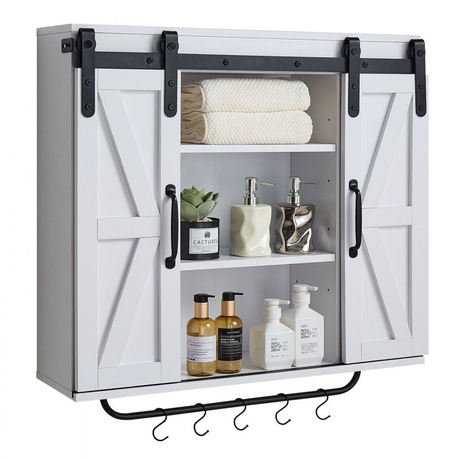 VEVOR Bathroom Wall Cabinet, 2 Doors and Adjustable Shelf, Over the Toilet Storage Medicine Cabinet Wall Mounted, Hanging Organizer with Open Partition/Towel Bar/Hooks for Laundry Room Kitchen, White