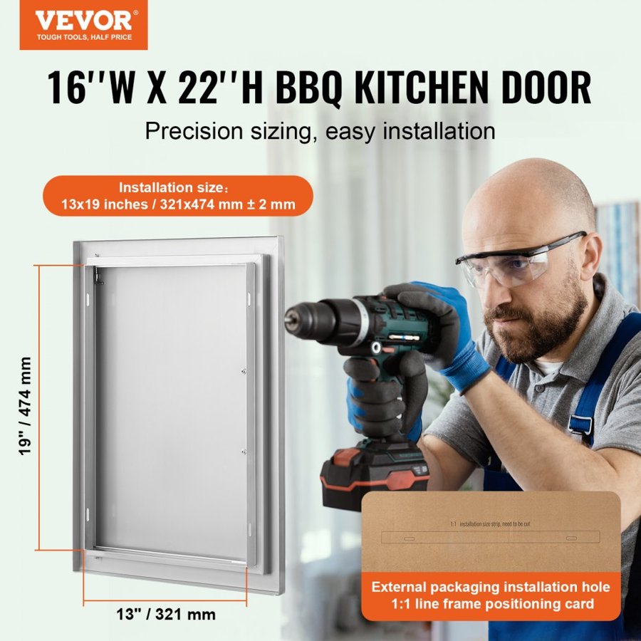 VEVOR BBQ Access Door, 407x559 mm Single Outdoor Kitchen Door, Stainless Steel Flush Mount Door, Wall Vertical Door with Handle, for BBQ Island, Grilling Station, Outside Cabinet