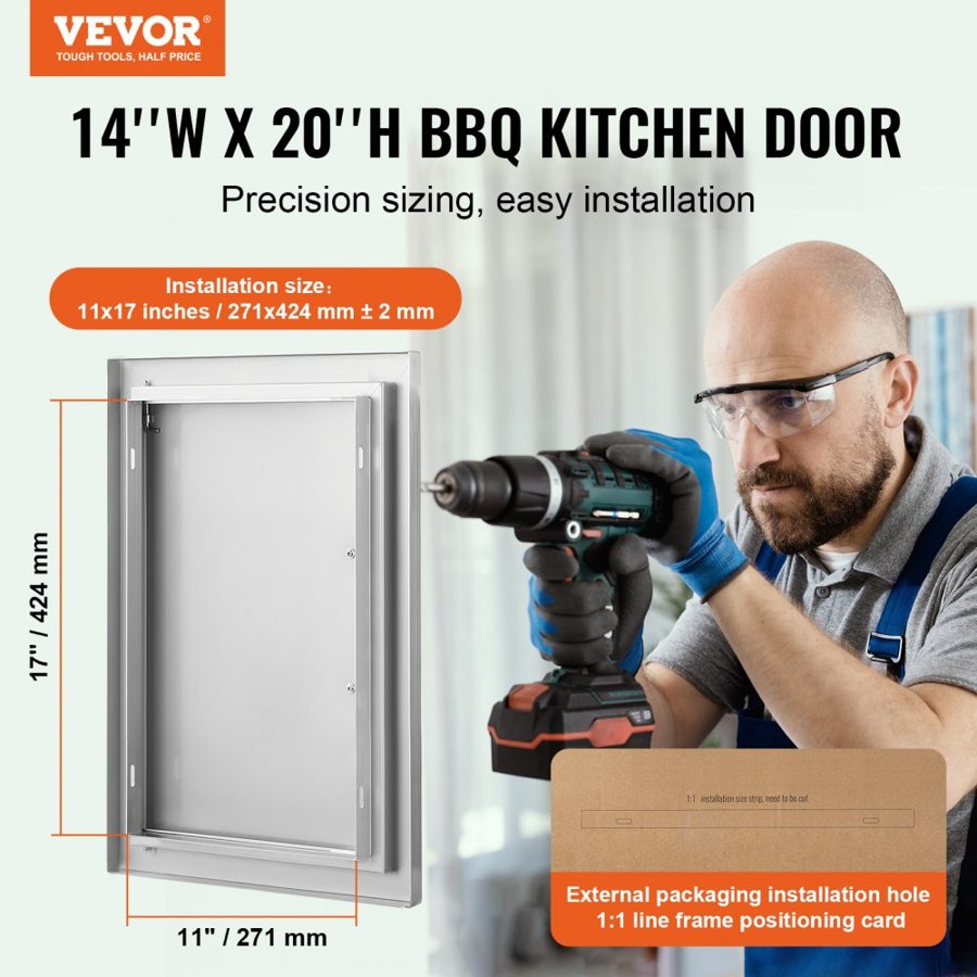 VEVOR BBQ Access Door, 355x508 mm Single Outdoor Kitchen Door, Stainless Steel Flush Mount Door, Wall Vertical Door with Handle, for BBQ Island, Grilling Station, Outside Cabinet