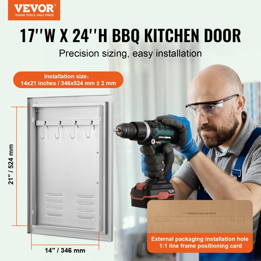 VEVOR BBQ Access Door, 610x431 mm Single Outdoor Kitchen Door, Stainless Steel Flush Mount Door, Wall Vertical Door with Handle, Vents and Hook, for BBQ Island, Grilling Station, Outside Cabinet