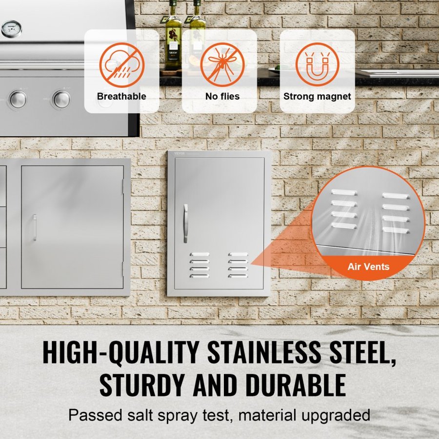 VEVOR BBQ Access Door, 610x431 mm Single Outdoor Kitchen Door, Stainless Steel Flush Mount Door, Wall Vertical Door with Handle, Vents and Hook, for BBQ Island, Grilling Station, Outside Cabinet