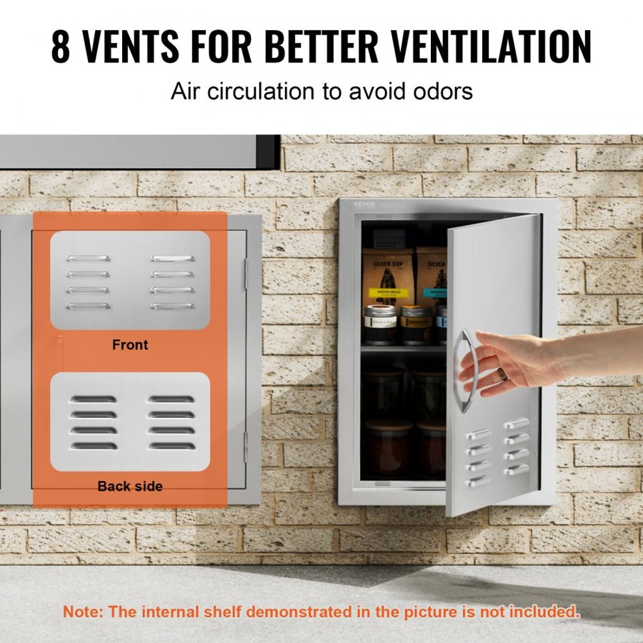 VEVOR BBQ Access Door, 610x431 mm Single Outdoor Kitchen Door, Stainless Steel Flush Mount Door, Wall Vertical Door with Handle, Vents and Hook, for BBQ Island, Grilling Station, Outside Cabinet