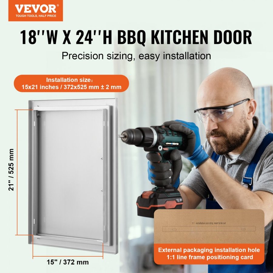 VEVOR BBQ Access Door, 457x610 mm Single Outdoor Kitchen Door, Stainless Steel Flush Mount Door, Wall Vertical Door with Handle, for BBQ Island, Grilling Station, Outside Cabinet