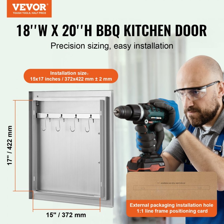VEVOR BBQ Access Door, 457x508 mm Single Outdoor Kitchen Door, Stainless Steel Flush Mount Door, Wall Vertical Door with Handle and Hook, for BBQ Island, Grilling Station, Outside Cabinet