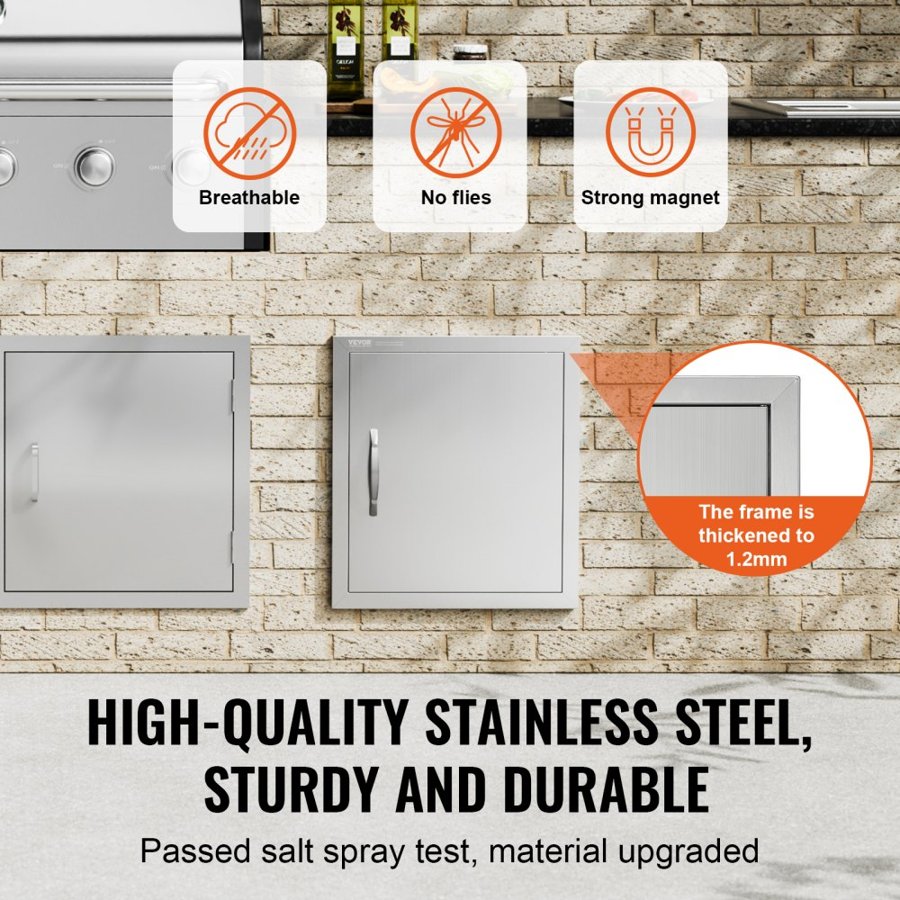 VEVOR BBQ Access Door, 457x508 mm Single Outdoor Kitchen Door, Stainless Steel Flush Mount Door, Wall Vertical Door with Handle and Hook, for BBQ Island, Grilling Station, Outside Cabinet