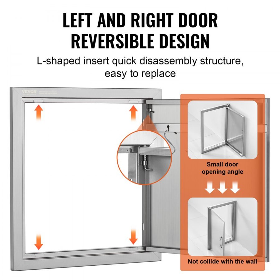 VEVOR BBQ Access Door, 457x508 mm Single Outdoor Kitchen Door, Stainless Steel Flush Mount Door, Wall Vertical Door with Handle and Hook, for BBQ Island, Grilling Station, Outside Cabinet