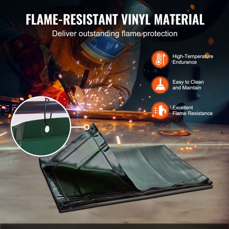 VEVOR Welding Screen with Frame, 1.8 x 1.8 m Welding Curtain Screen, Flame-Resistant Vinyl Welding Protection Screen on 4 Swivel Wheels (2 Lockable), Moveable & Professional for Workshop/Industrial, Green