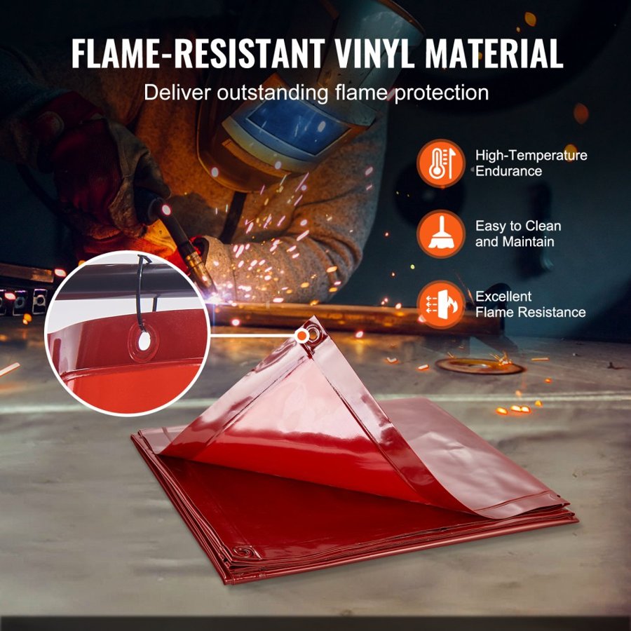 VEVOR Welding Screen with Frame, 1.8 x 1.8 m Welding Curtain Screen, Flame-Resistant Vinyl Welding Protection Screen on 4 Swivel Wheels (2 Lockable), Moveable & Professional for Workshop/Industrial, Red