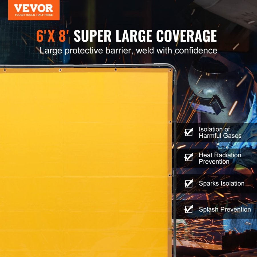 VEVOR Welding Screen with Frame, 6' x 8' Welding Curtain Screen, Flame-Resistant Vinyl Welding Protection Screen on 4 Swivel Wheel (2 Lockable), Moveable & Professional for Workshop/Industrial, Yellow