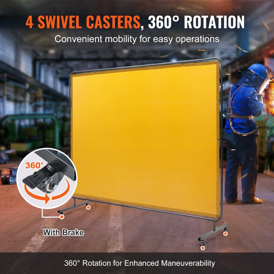 VEVOR Welding Screen with Frame, 6' x 8' Welding Curtain Screen, Flame-Resistant Vinyl Welding Protection Screen on 4 Swivel Wheel (2 Lockable), Moveable & Professional for Workshop/Industrial, Yellow