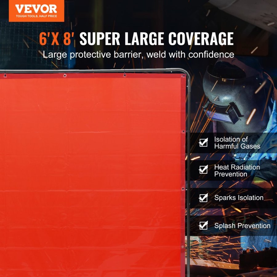 VEVOR Welding Screen with Frame, 1.83 x 2.44 m Welding Curtain Screen, Flame-Resistant Vinyl Welding Protection Screen on 4 Swivel Wheels (2 Lockable), Moveable & Professional for Workshop/Industrial, Red