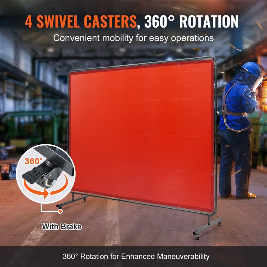 VEVOR Welding Screen with Frame, 1.83 x 2.44 m Welding Curtain Screen, Flame-Resistant Vinyl Welding Protection Screen on 4 Swivel Wheels (2 Lockable), Moveable & Professional for Workshop/Industrial, Red
