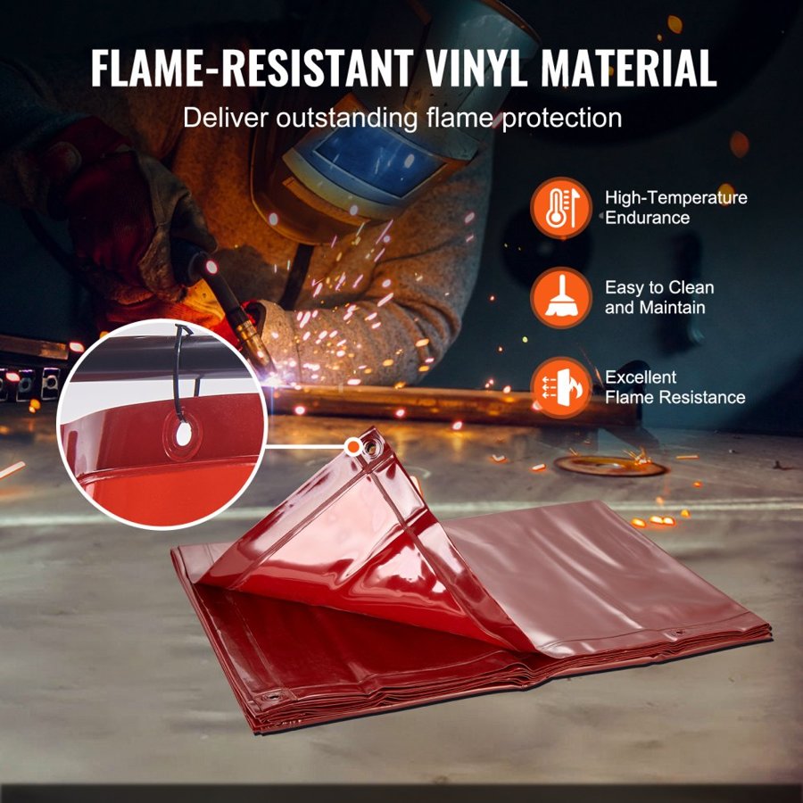 VEVOR Welding Screen with Frame, 1.83 x 2.44 m Welding Curtain Screen, Flame-Resistant Vinyl Welding Protection Screen on 4 Swivel Wheels (2 Lockable), Moveable & Professional for Workshop/Industrial, Red