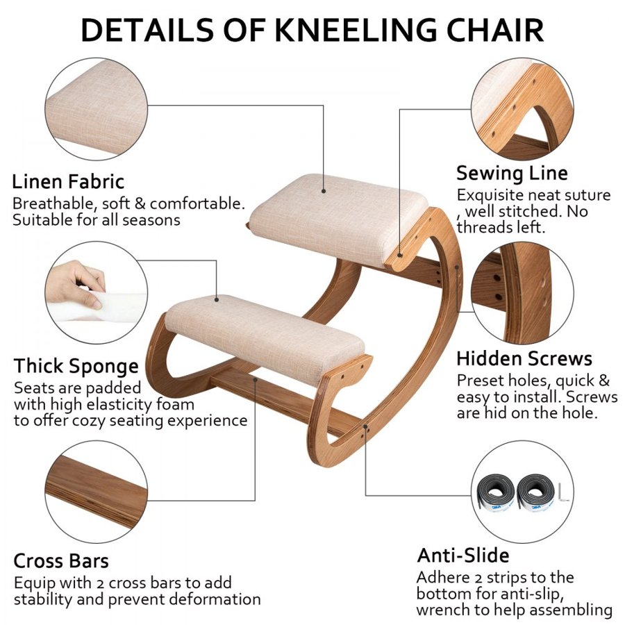 VEVOR Ergonomic Kneeling Chair 99.8 kg Load Capacity Kneeling Posture Desk Chair Stool with Hip Cushion Kneeling Ergonomic Stool for Home Office Good Posture Computer Stool White Oak