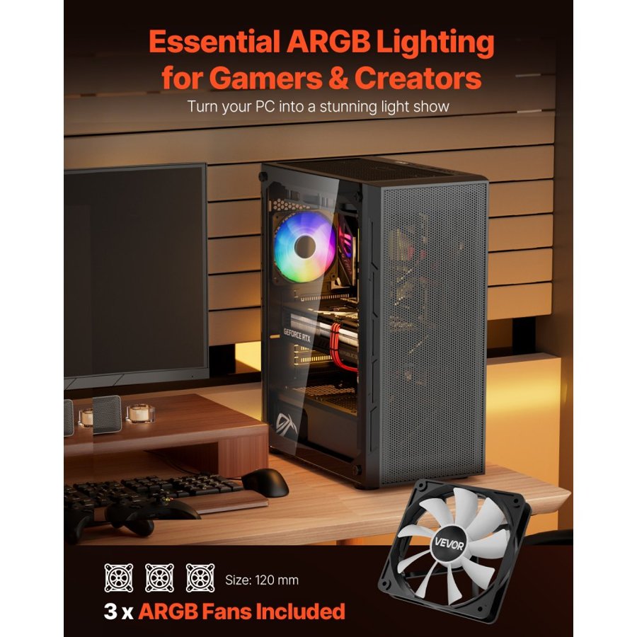 VEVOR PC Gaming Case, Mid-Tower, Computer Case with High-Airflow Tempered Glass Panel, Dust Filter, 3 x 120 mm ARGB Fans, Easy Cable Management, for GPU up to 320 mm in Length, for ATX / M-ATX / ITX