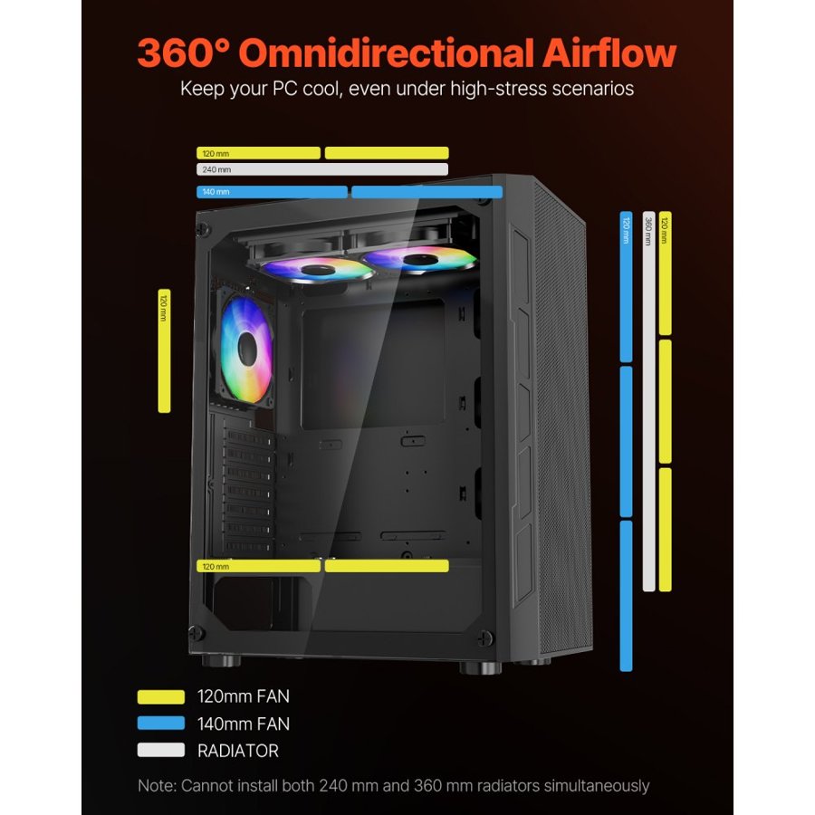 VEVOR PC Gaming Case, Mid-Tower, Computer Case with High-Airflow Tempered Glass Panel, Dust Filter, 3 x 120 mm ARGB Fans, Easy Cable Management, for GPU up to 320 mm in Length, for ATX / M-ATX / ITX