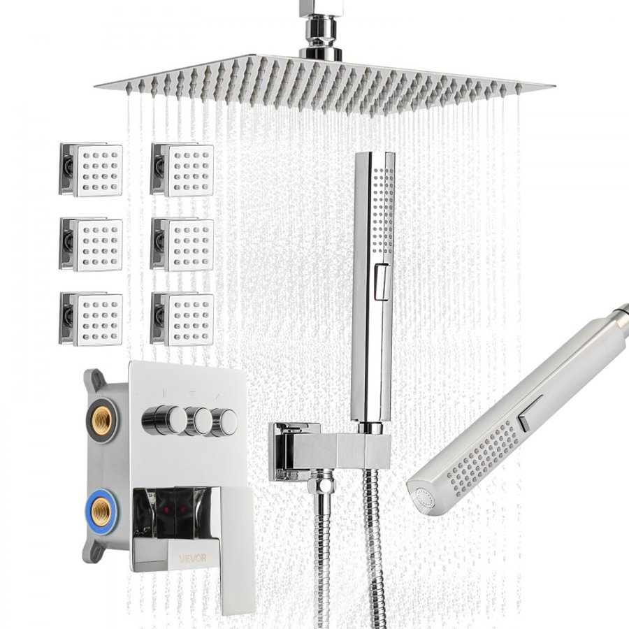 VEVOR Shower Faucet Set, 254 mm Ceiling Mount Rainfall Shower System with 6 Body Jets and 2 in 1 Handheld Spray, Rotatable 3-Function Rain Head System Set, Complete Brass Valve and Trim Kit, Chrome