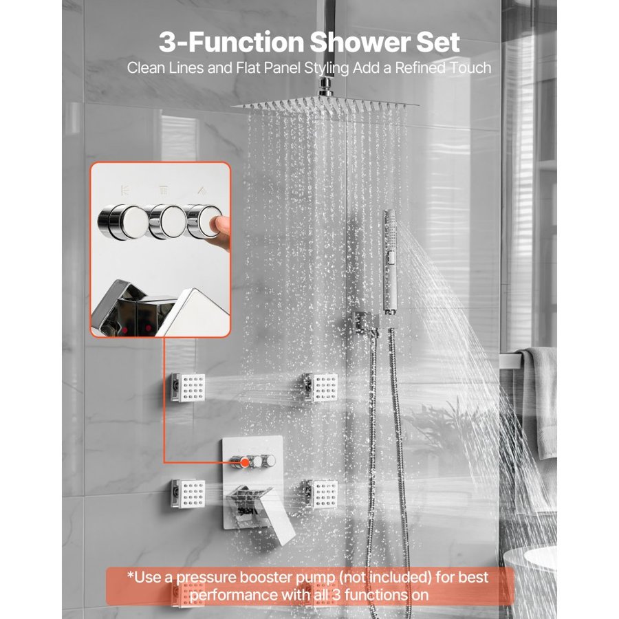 VEVOR Shower Faucet Set, 254 mm Ceiling Mount Rainfall Shower System with 6 Body Jets and 2 in 1 Handheld Spray, Rotatable 3-Function Rain Head System Set, Complete Brass Valve and Trim Kit, Chrome