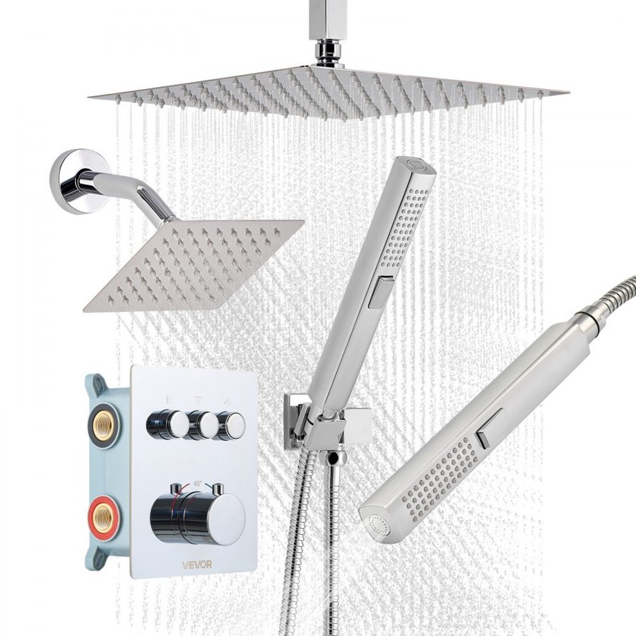 VEVOR Shower Faucet Set, 305 mm Thermostatic Ceiling Mount Rainfall Shower System with 152 mm Wall Mount Head and 2 in 1 Handheld Spray, 3-Function Dual Rain Head Brass Valve and Trim Kit, Chrome