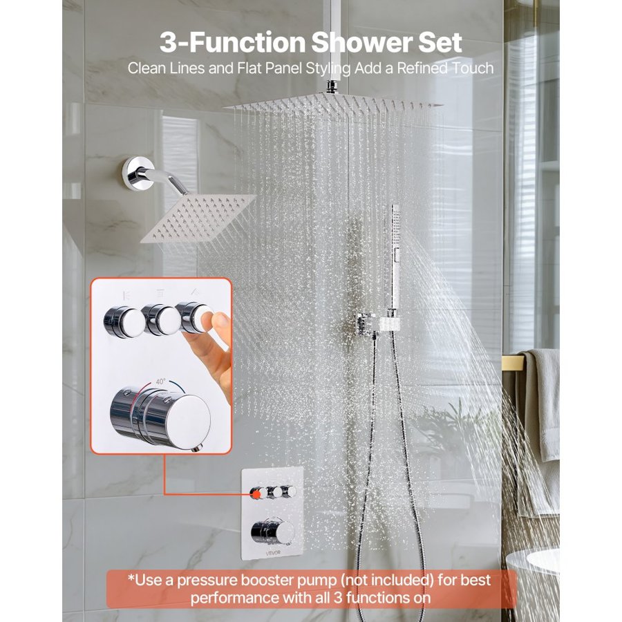 VEVOR Shower Faucet Set, 305 mm Thermostatic Ceiling Mount Rainfall Shower System with 152 mm Wall Mount Head and 2 in 1 Handheld Spray, 3-Function Dual Rain Head Brass Valve and Trim Kit, Chrome
