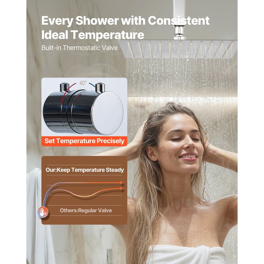 VEVOR Shower Faucet Set, 305 mm Thermostatic Ceiling Mount Rainfall Shower System with 152 mm Wall Mount Head and 2 in 1 Handheld Spray, 3-Function Dual Rain Head Brass Valve and Trim Kit, Chrome