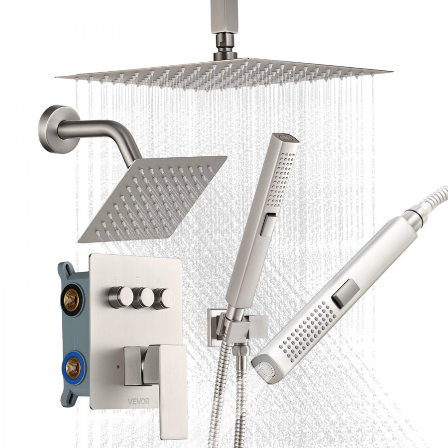 VEVOR Shower Faucet Set, 254 mm Ceiling Mount Rainfall Shower System with 152 mm Wall Mount Head and 2 in 1 Handheld Spray, Rotatable 3-Function Dual Rain Head Brass Valve & Trim Kit, Brushed Nickel