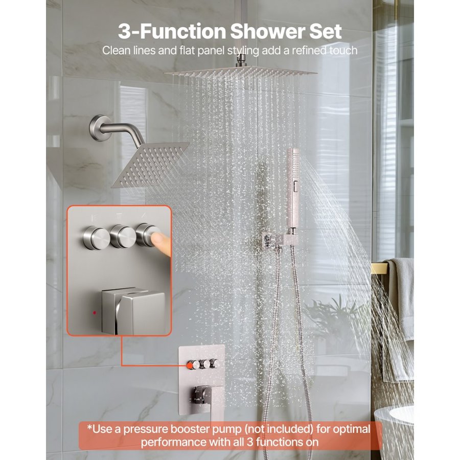 VEVOR Shower Faucet Set, 254 mm Ceiling Mount Rainfall Shower System with 152 mm Wall Mount Head and 2 in 1 Handheld Spray, Rotatable 3-Function Dual Rain Head Brass Valve & Trim Kit, Brushed Nickel
