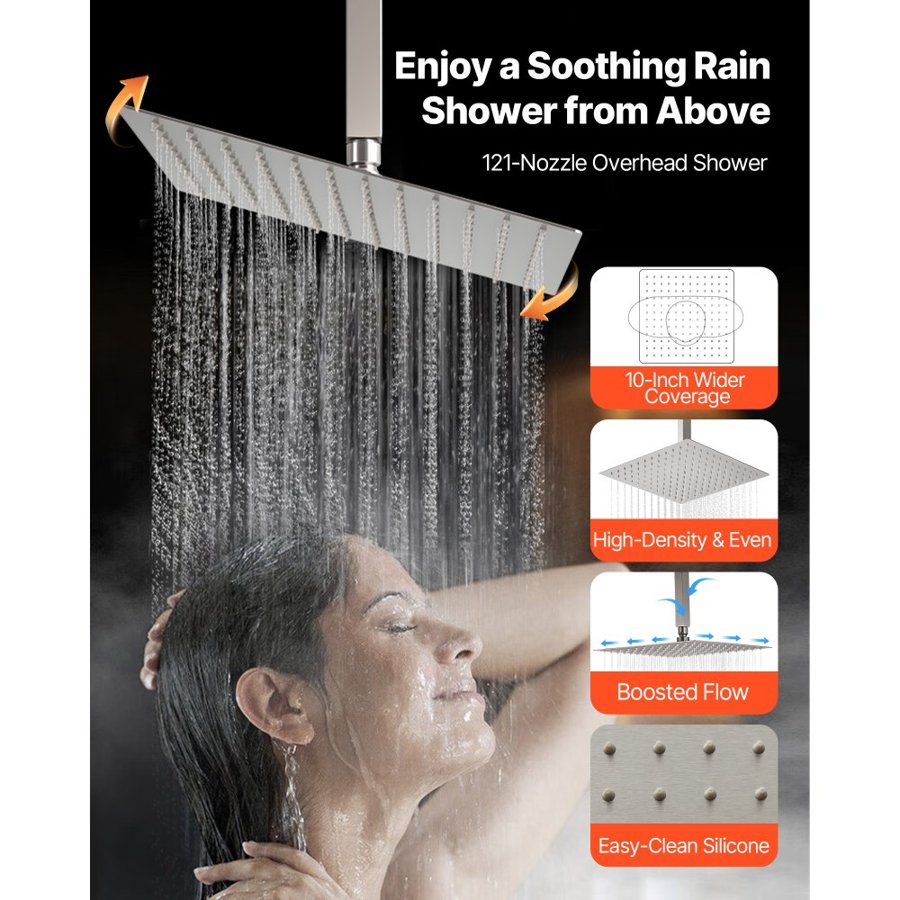 VEVOR Shower Faucet Set, 254 mm Ceiling Mount Rainfall Shower System with 152 mm Wall Mount Head and 2 in 1 Handheld Spray, Rotatable 3-Function Dual Rain Head Brass Valve & Trim Kit, Brushed Nickel