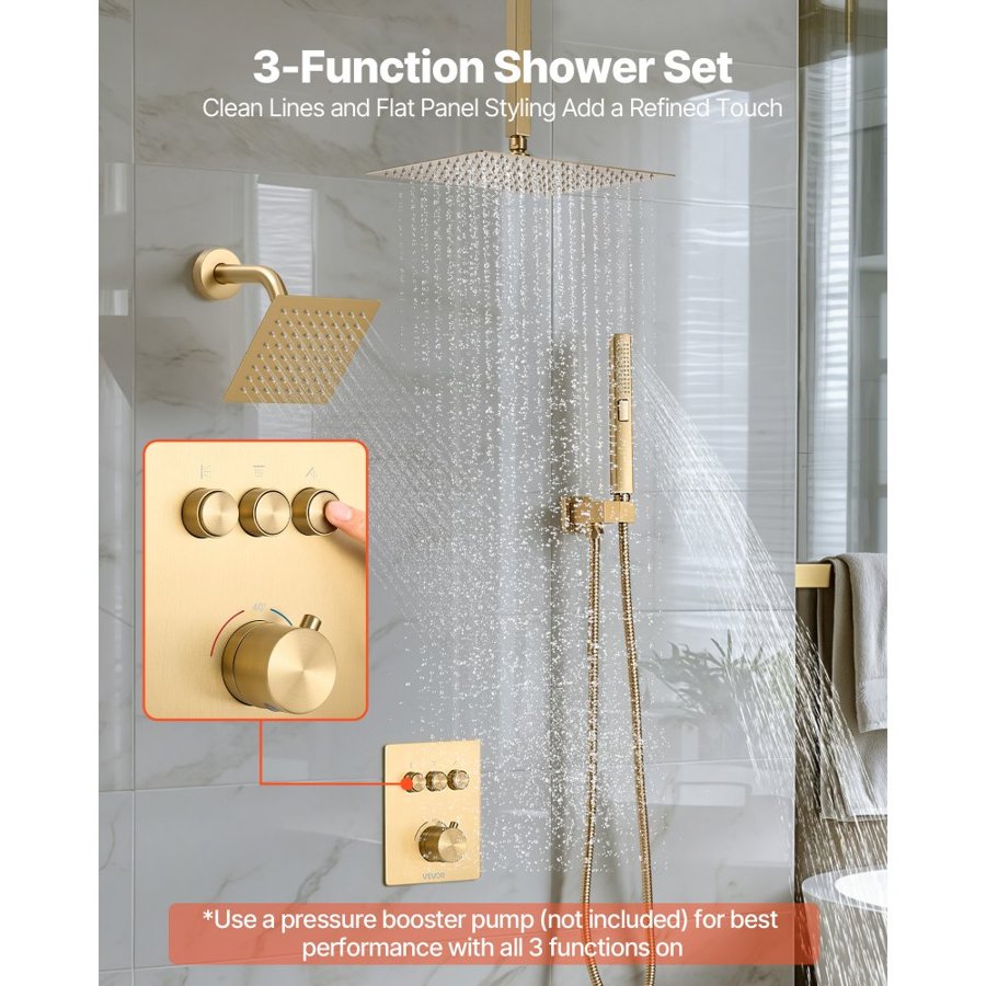 VEVOR Shower Faucet Set, 305 mm Thermostatic Ceiling Mount Rainfall Shower System with 152 mm Wall Mount Head and 2 in 1 Handheld Spray, 3-Function Dual Rain Head Brass Valve Trim Kit, Brushed Gold