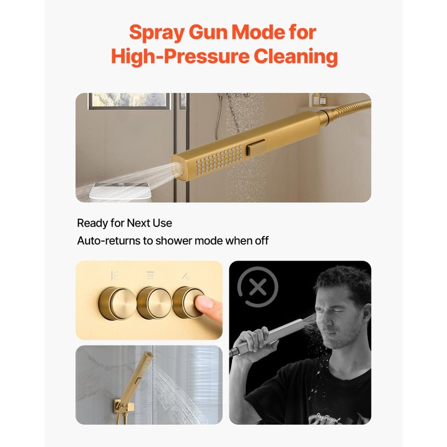VEVOR Shower Faucet Set, 305 mm Thermostatic Ceiling Mount Rainfall Shower System with 152 mm Wall Mount Head and 2 in 1 Handheld Spray, 3-Function Dual Rain Head Brass Valve Trim Kit, Brushed Gold