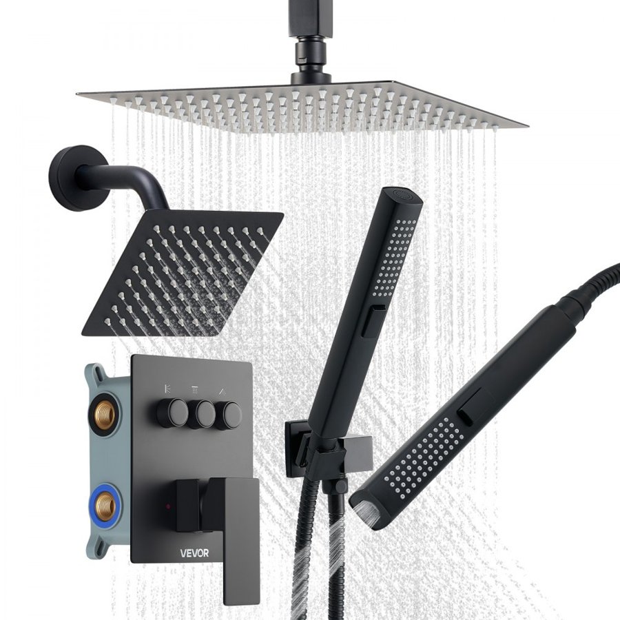 VEVOR Shower Faucet Set, 254 mm Ceiling Mount Rainfall Shower System with 152 mm Wall Mount Head and 2 in 1 Handheld Spray, Rotatable 3-Function Dual Rain Head Brass Valve and Trim Kit, Matte Black