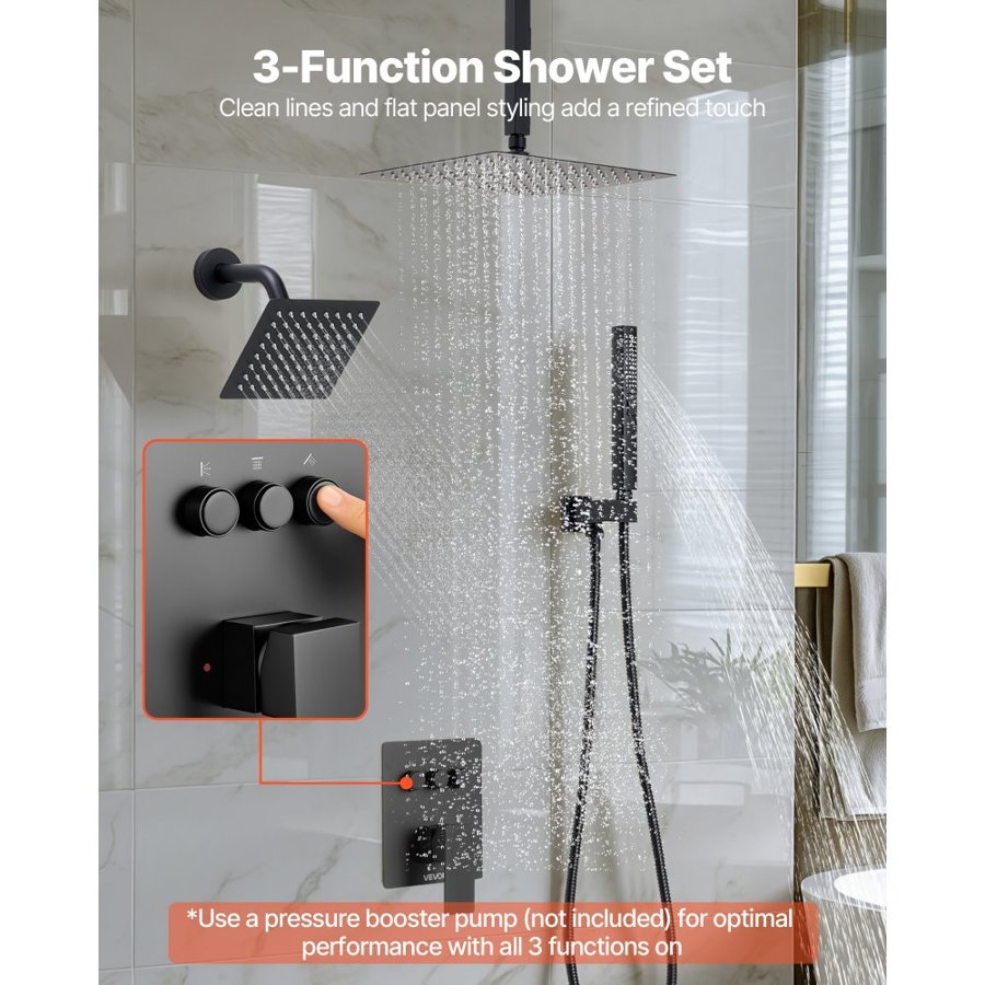 VEVOR Shower Faucet Set, 254 mm Ceiling Mount Rainfall Shower System with 152 mm Wall Mount Head and 2 in 1 Handheld Spray, Rotatable 3-Function Dual Rain Head Brass Valve and Trim Kit, Matte Black